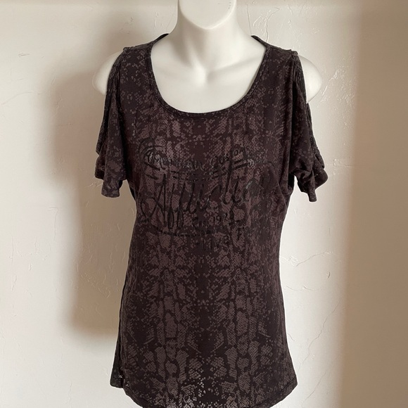 AFFLICTION Vintage Y2K Snakeskin Sublimation LOGO Print Cold Shoulder TOP Small - Picture 9 of 9